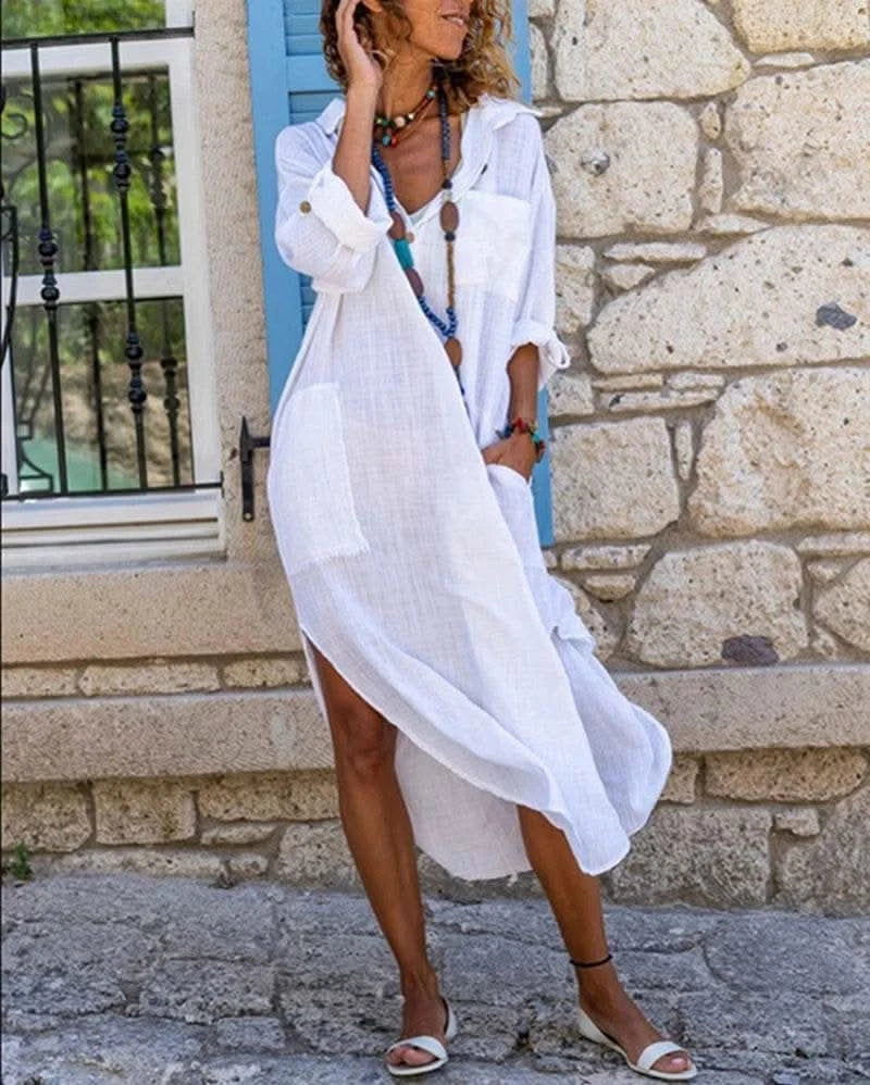 Casual Cotton Linen Loose Shirt Dress Women Summer Fashion Streetwear Split Button Long Dress White Black Beach Holiday Vestidos - M & M Global