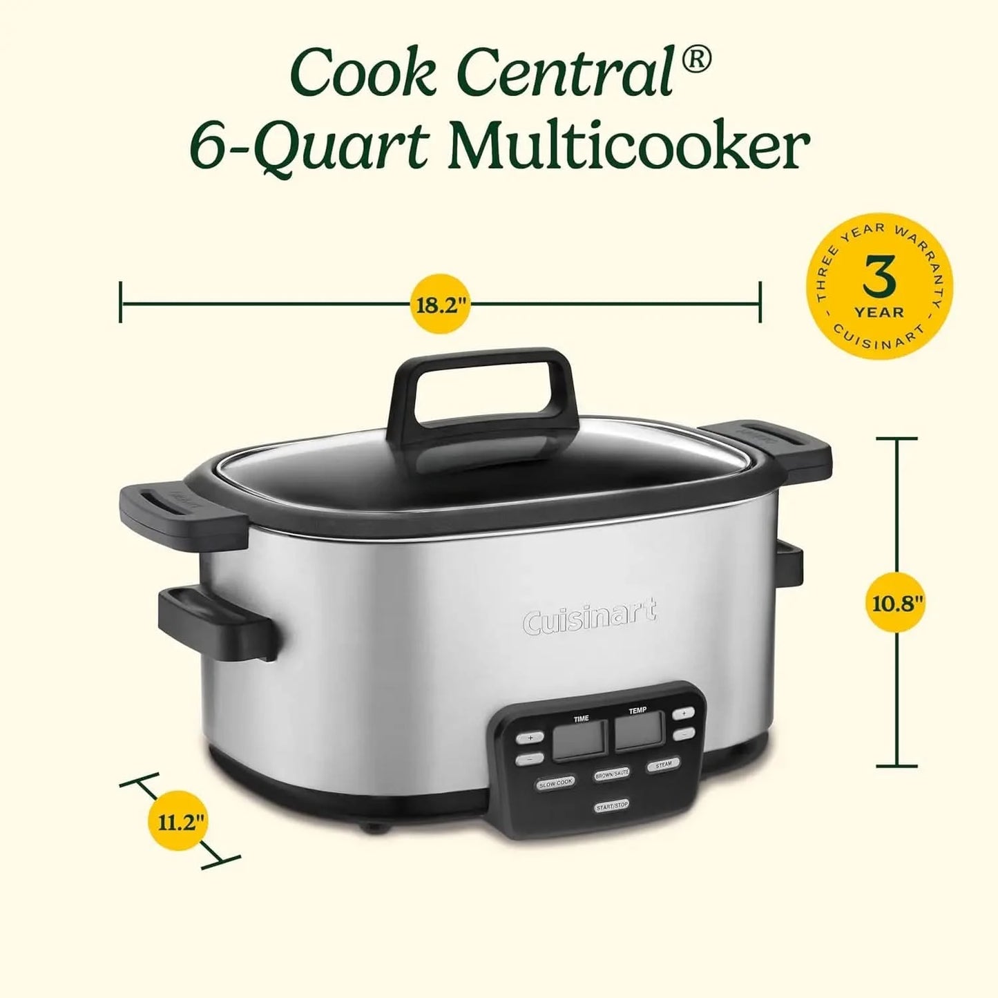 MSC-600 3-In-1 Cook Central 6-Quart Multi-Cooker: Slow Cooker, Brown/Saute, Steamer, Silver - M & M Global