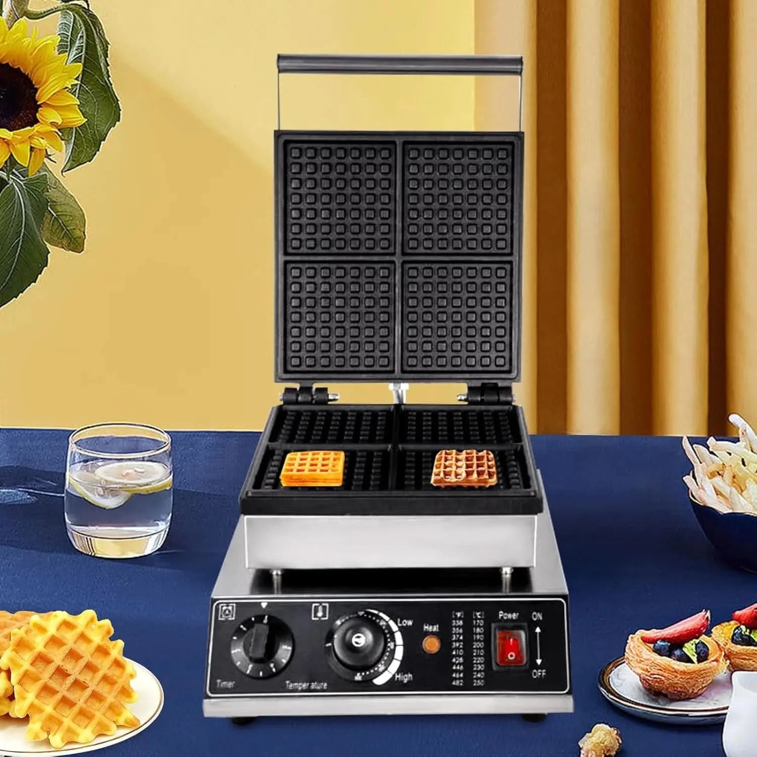 4 Grids Belgian Waffle Pancake Maker,Non-stick Pancake Baker Machin with Dual Heating Pans,110v Waffle Pancake Maker for Commerc - M & M Global