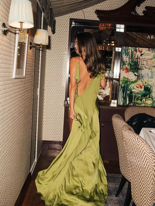 Elegant Green Satin Ruffles Sling Long Dress Women Sexy Backless Sleeveless Split Slim Dresses Lady 2025 New Party Club Vestidos - M & M Global