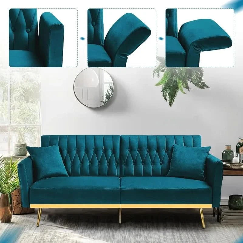 70” Velvet Futon Sofa Bed w/Adjustable Armrests and Backrest, Convertible Futon Couch w/2 Pillows, Modern Sleeper Bed for Living