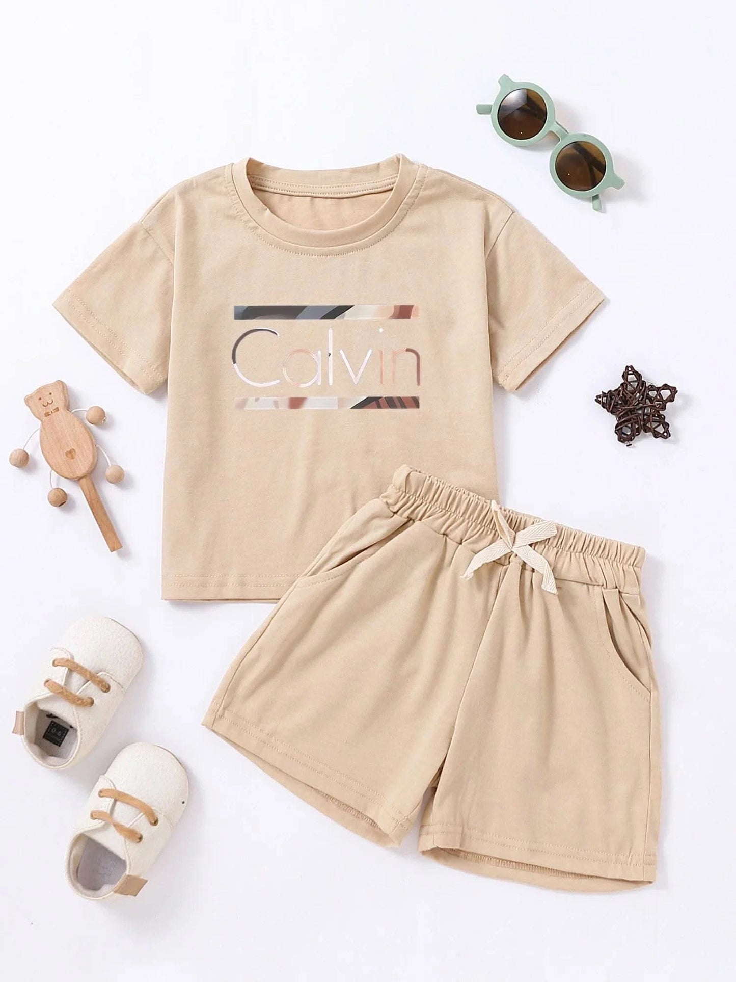 Children Calvin Letter Print Suits Cotton T-shirts + Shorts 2PCS Clothes Sets Boys Girls Fashion Outfits 1-7Y - M & M Global
