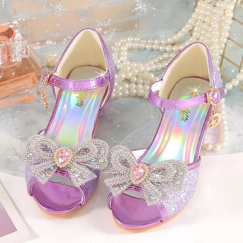 Summer Girls Sandals With Heel Fashion Rhinestone Shiny Glitter Shoes Children Princess Bowtie Pearl Dancing Shoes H876 - M & M Global