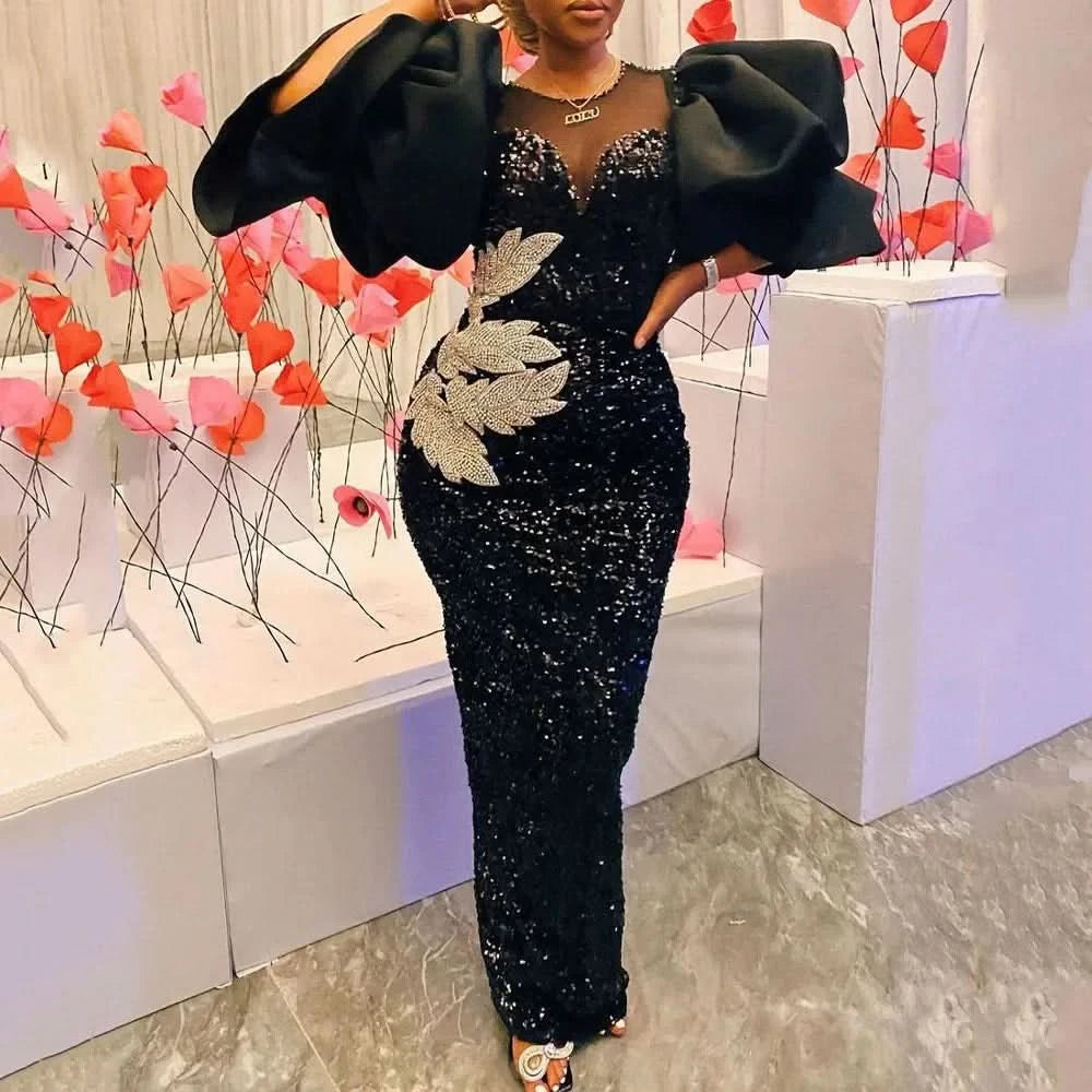 Women Sequined Shiny Black Long Dress Glitter Embroidered Chest Wrapped Puff Sleeve Classy Winter Fall Party Celebrity Gowns New - M & M Global