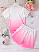 Best-Selling New Style Suit for Girls and Boys, Simple and Fashionable Gradient Letter Printed Short-Sleeved Shorts Suit, Casual Holiday Style - M & M Global