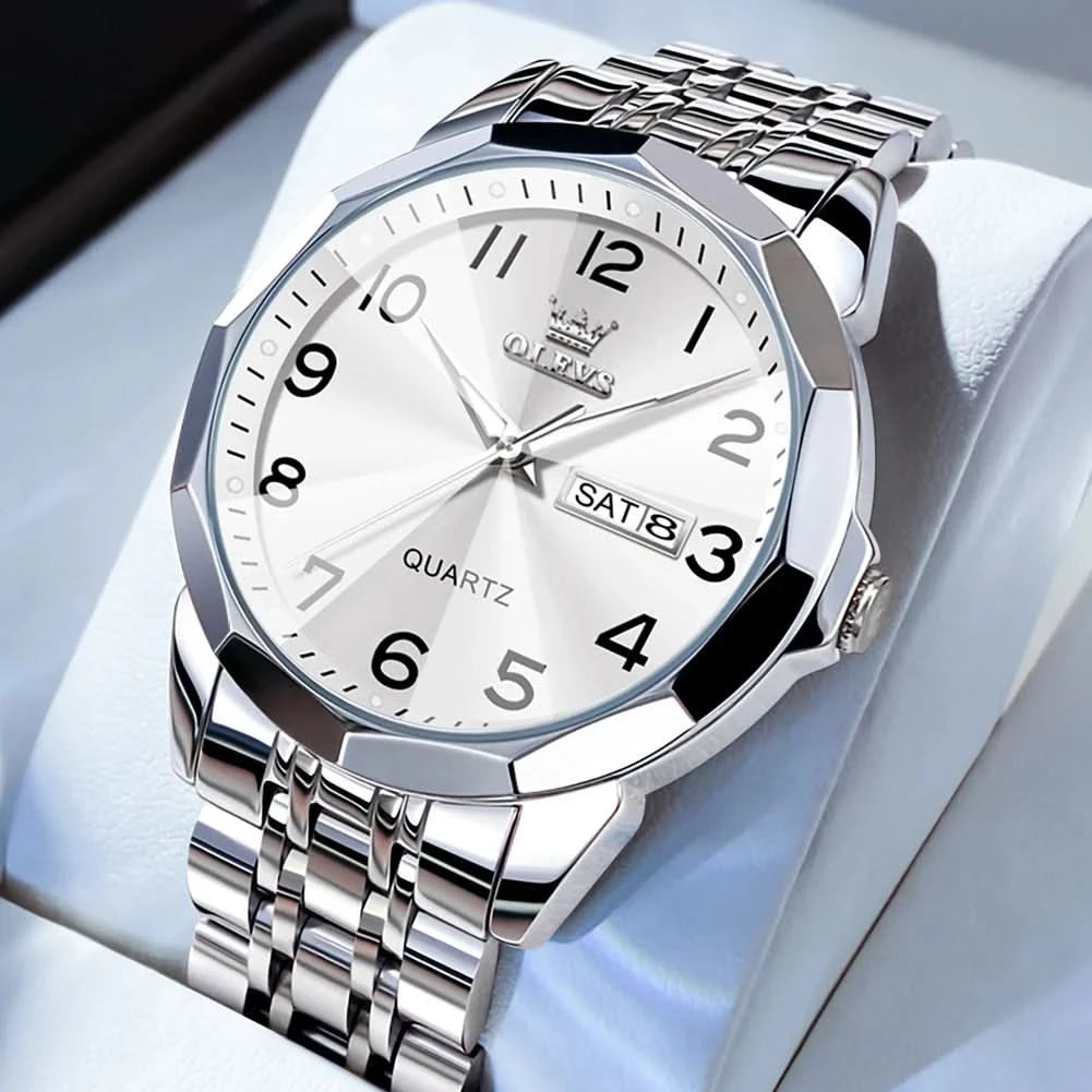 OLEVS Men's Watches Causal Fashion Original Quartz Watch for Man Waterproof Stainless Steel Luminous Date Week Trend Dress Reloj - M & M Global