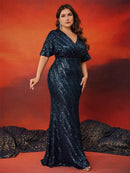 Plus Size Elegant V-Neck Sequins Evening Dresses Women Short Sleeve Luxury Wedding Party Floor Lenght Cocktail Gowns