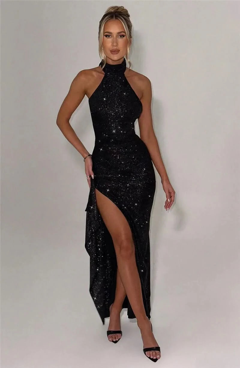 Mozision Sparkle Thigh High Split Sexy Maxi Dress Women Gown Black Half High Collar Sleeveless Backless Bodycon Sexy Long Dress - M & M Global