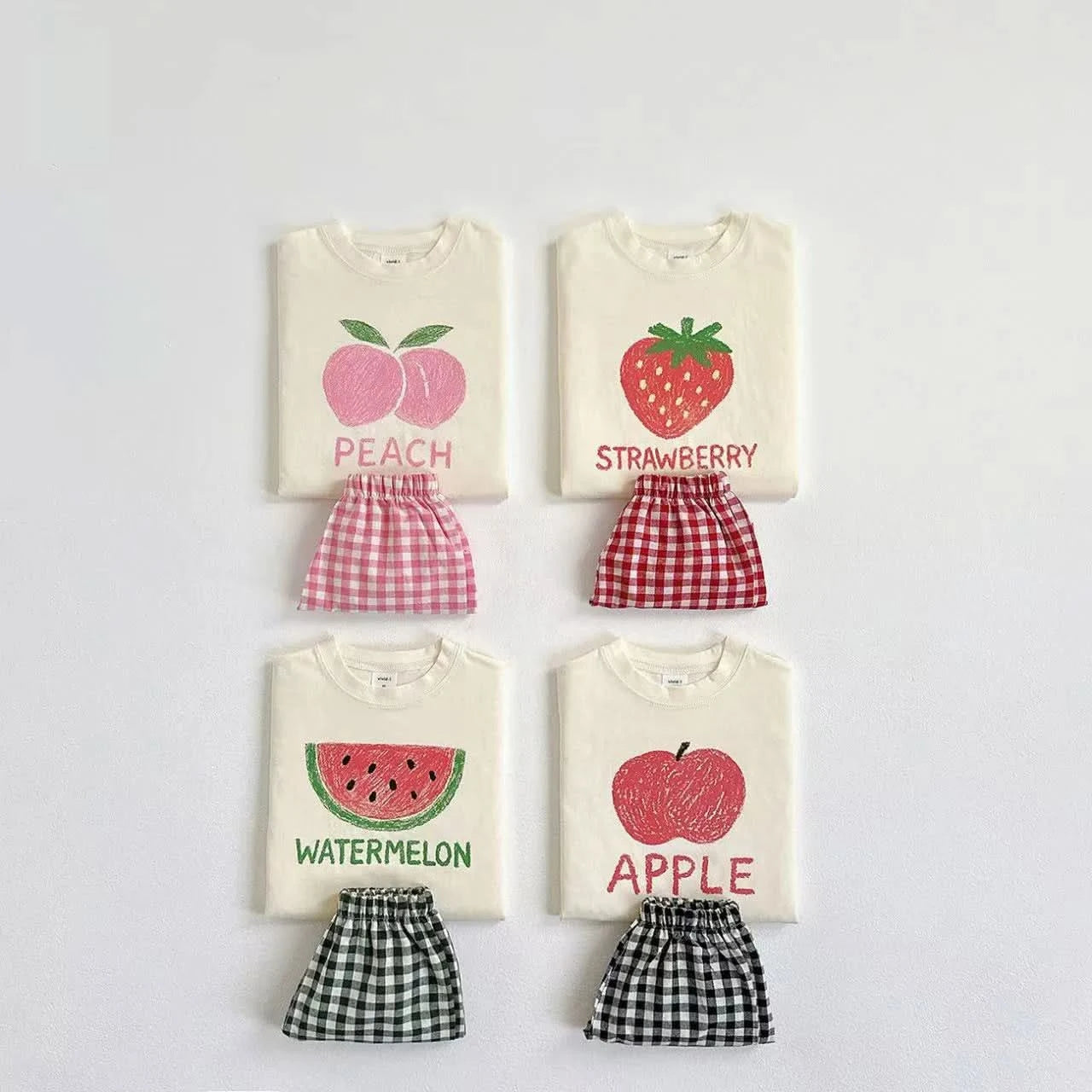 Fruit Tshirt Plaid Shorts 2Piece Set Boys And Girls Cute Tees Loose Shorts Kids New Simple Round Neck Tops+Shorts Kids Suit - M & M Global