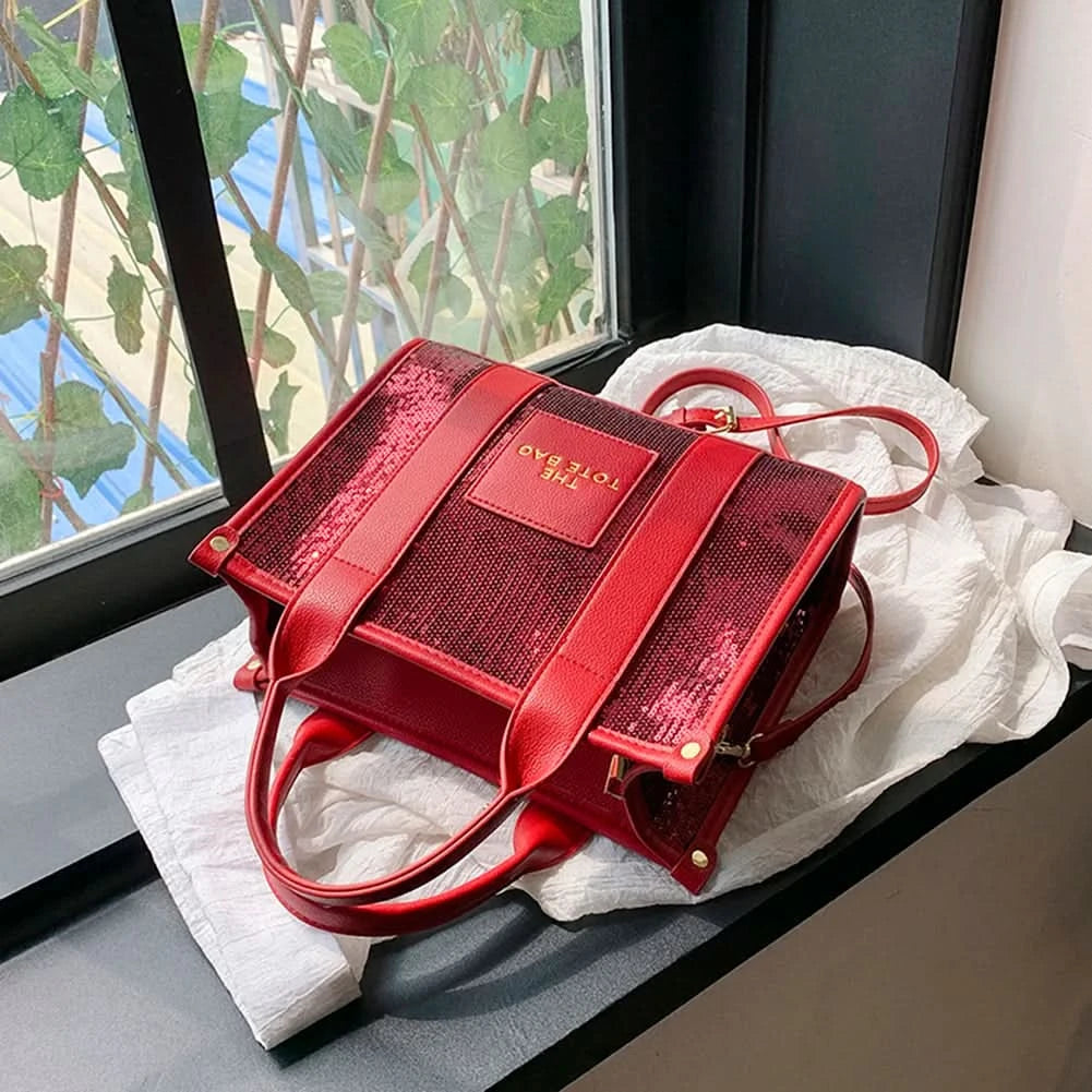 New The Tote Bag Letter Printed Sequins Top-Handle Bag Women Leather Handbag Luxury Designer Glitter Shoulder Crossbody Bag - M & M Global