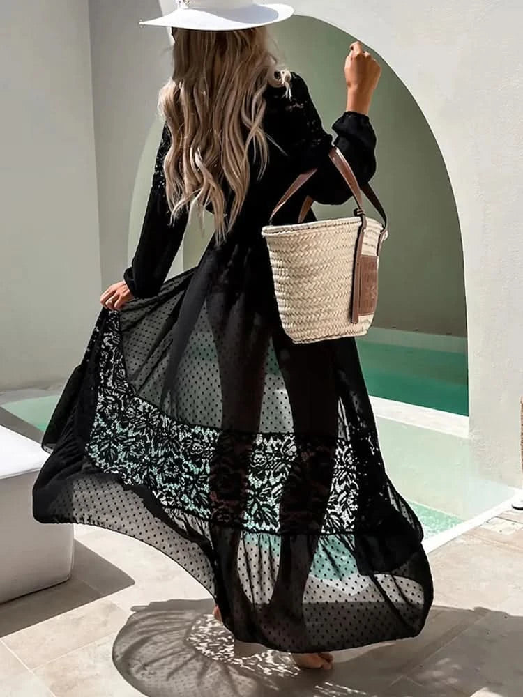 Summer Women Lace Patchwork Bikini Chiffon Beach Dress Cover Up Kimono Polka Dot Lace-up Cardigan Swimwear Long Sleeve Holiday - M & M Global