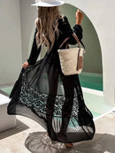 Summer Women Lace Patchwork Bikini Chiffon Beach Dress Cover Up Kimono Polka Dot Lace-up Cardigan Swimwear Long Sleeve Holiday - M & M Global