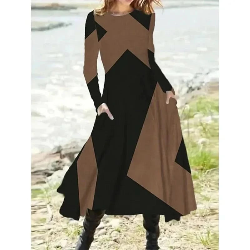 Long Dress Casual Eid Style Retro Autumn and Winter Long Sleeved Oversized Swing Maxi Dresses Patchwork Streetwear Vestidos - M & M Global