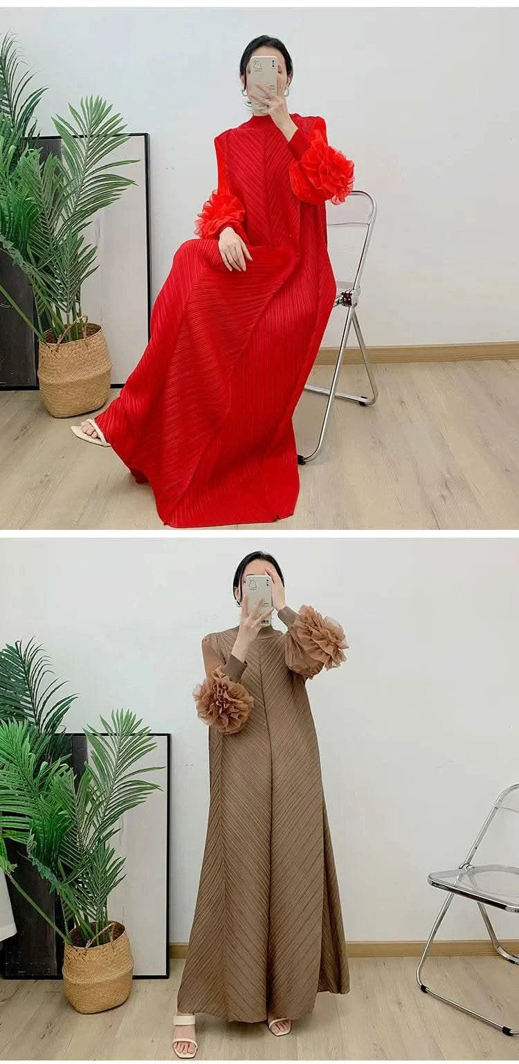 ANLAN Miyake Pleated Maxi Long Dress Mesh Petal Sleeve Half Turtleneck Formal Dresses for Women 2024 New Hot Sales 6KK9927 - M & M Global