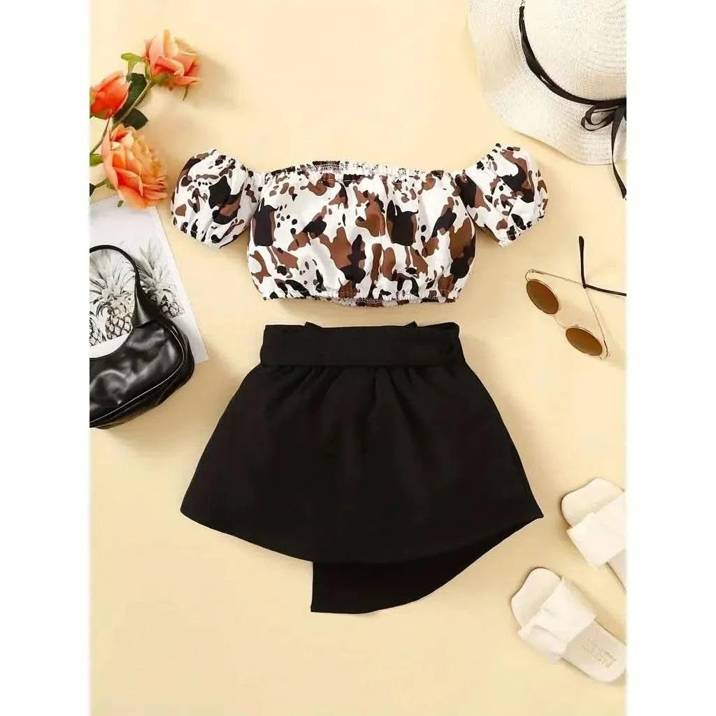 2PCS Toddlers Girl Summer Clothes Set Off Shoulder Leopard Print Top+Short Skirt with Bow Birthday Party Wear for Kids 1-4 Years - M & M Global
