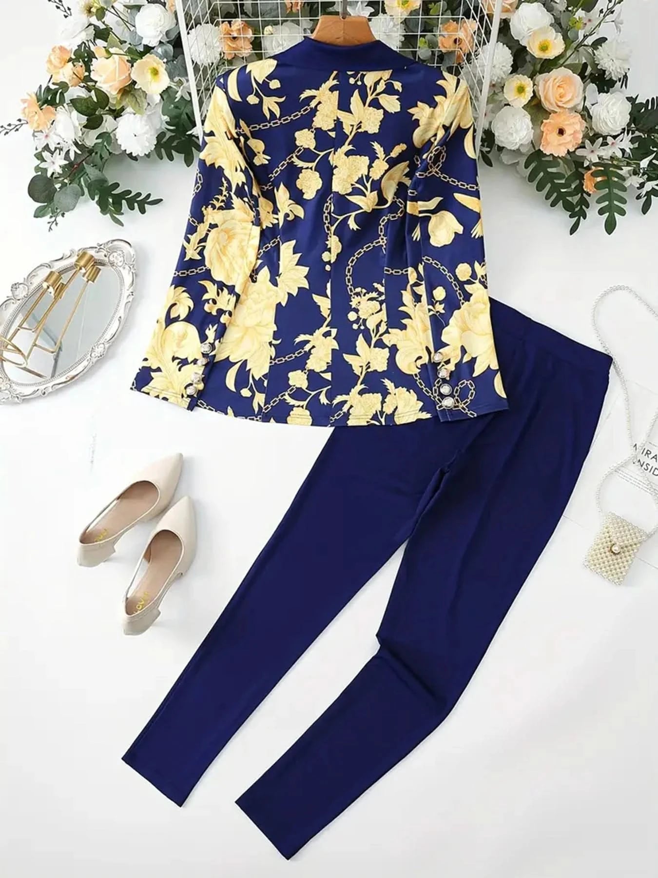 Women's Business and Leisure Two-Piece Suit Set, Solid Color Long Sleeved Double Breasted Suit Jacket and Floral Printed High Wa