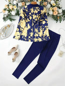 Women's Business and Leisure Two-Piece Suit Set, Solid Color Long Sleeved Double Breasted Suit Jacket and Floral Printed High Wa