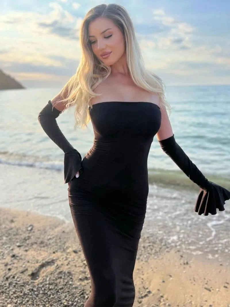 Trendix Black Elegant Evening Dress Women Sexy Off Shoulder Slim High Waist Tube Dresses Beach Party Ruffle Backless Long Dress - M & M Global