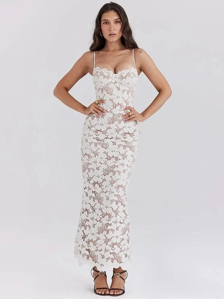 Mozision Floral Embroidery Sexy Maxi Dress For Women Fashion Spaghetti Strap Sleeveless Backless Lace-up Club Party Long Dress - M & M Global