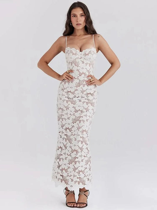 Mozision Floral Embroidery Sexy Maxi Dress For Women Fashion Spaghetti Strap Sleeveless Backless Lace-up Club Party Long Dress - M & M Global
