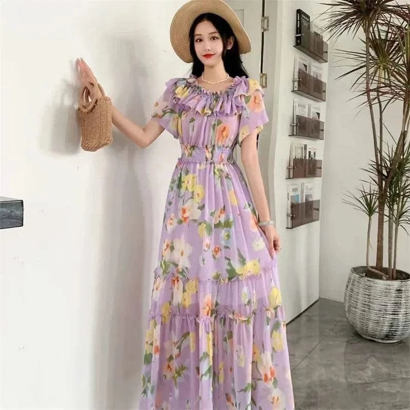 2024 New Summer Women Sexy Slash Neck Short Sleeve Slim Long Dress Fashion Patchwork Big Hem Sweet Ruffles Floral Dress - M & M Global