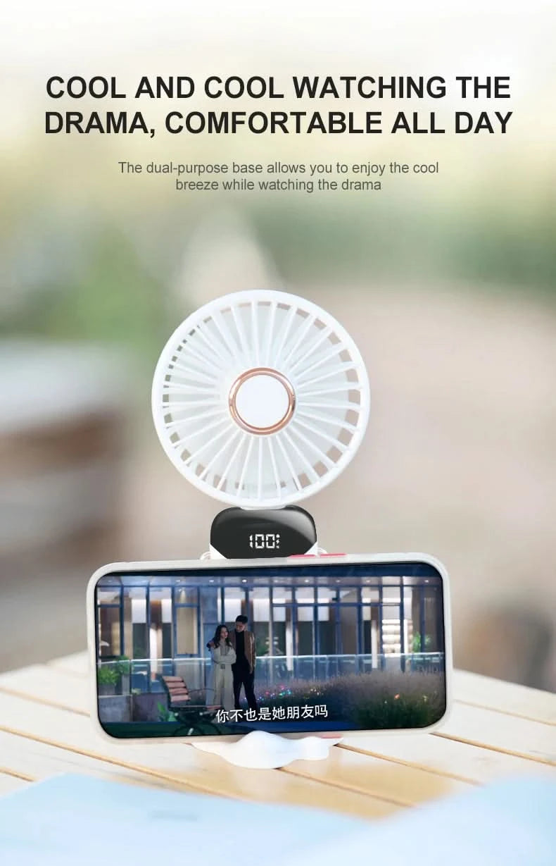 USB Handheld Mini Fan Foldable Portable Neck Hanging Fans 5 Speed USB Rechargeable Fan with Phone Stand and Display Screen - M & M Global