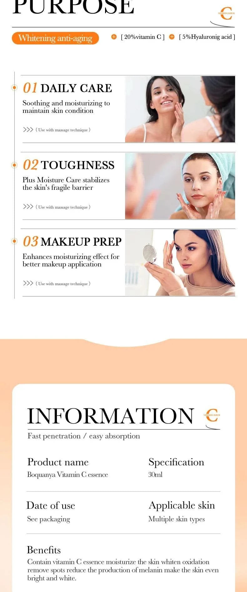 BIOAQUA Vitamin C Retinol Hyaluronic Acid Serum Moisturizing Brightening Hydrating Firming Facial Essence Beauty Face Skin Care - M & M Global