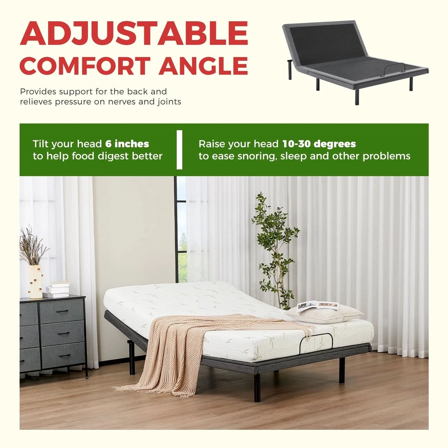 JHK Electric Queen Size Bed Ergonomic Adjustable Bed Frame with Wireless Remote Zero Gravity Bed with 2 USB Ports For Bed Room