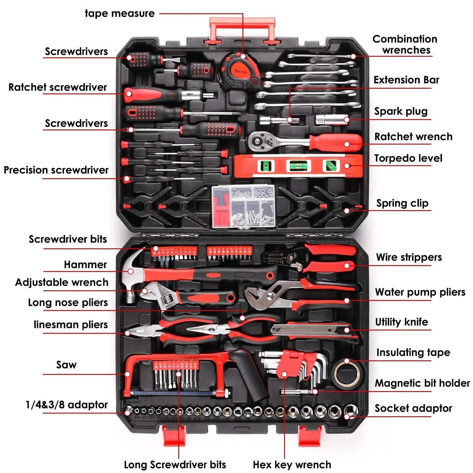 198 Piece Socket Wrench Auto Repair Tool Combination Package Mixed Tool Set Hand Tool Kit with Plastic Toolbox Storage Case - M & M Global