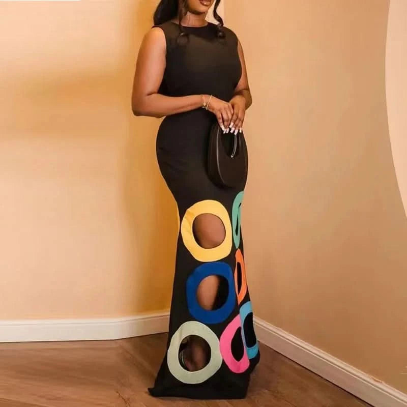 Summer Black Slim Hollow Sexy Party Vacation Long Dress Women's  Elegant Casual Sleeveless Sundress New High Waist Evening Dress - M & M Global