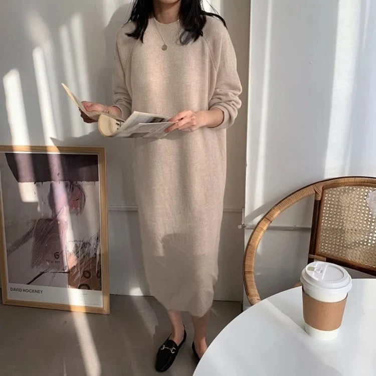 REALEFT Autumn Winter 2023 New O-Neck Casual Loose Knitted Dress Female Straight Long Sleeve Oversize Sweater Womens Long Dress - M & M Global