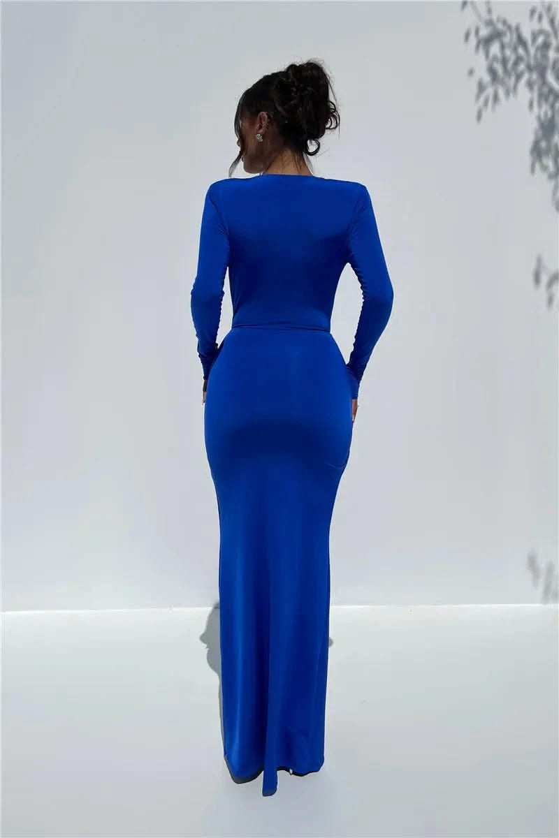 Mozision Deep V Neck Long Sleeve Split Maxi Dress Women Elegant Clubwear 2023 Autumn New Bodycon Ruched Sexy Long Dress - M & M Global