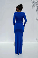 Mozision Deep V Neck Long Sleeve Split Maxi Dress Women Elegant Clubwear 2023 Autumn New Bodycon Ruched Sexy Long Dress - M & M Global