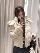 American New Winter Unisex Oversized Fur Trim Hooded Padded Coat Navy Blue Preppy Emblem Warm Casual Fashion Jacket