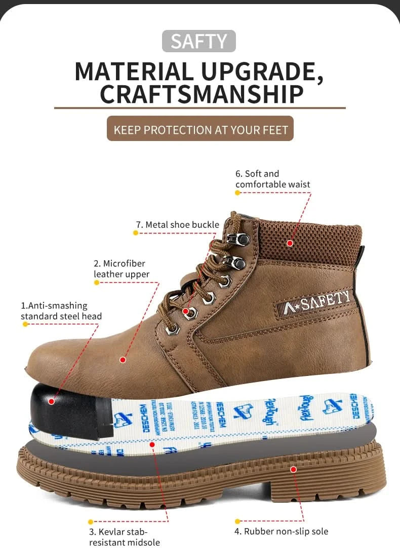 Men's Waterproof Steel Toe Work Boots High-Top Safety Shoes Slip Resistant Protective Boots Indestructible Comfort Arch Support