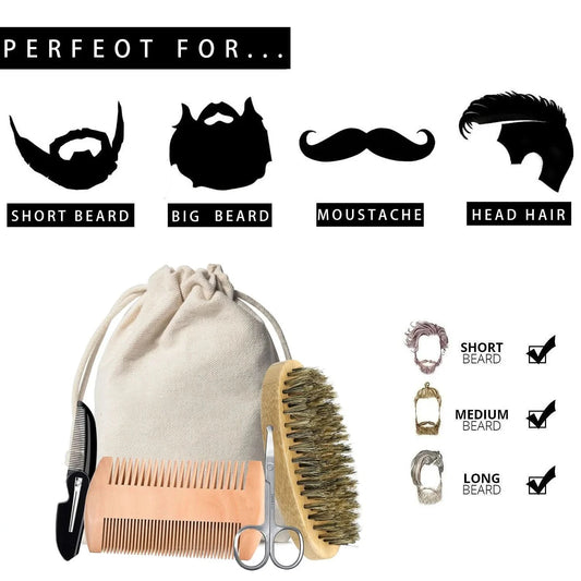 Men Shaving Bamboo Brush Comb Set Boar Bristle Portable Barber Beard Brush Comb Scissors for Facial Cleaning Styling Tool - M & M Global