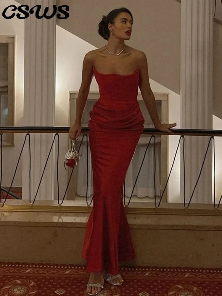 Sexy Strapless Patchwork Long Dress Women Slim Sleeveless Pleated Mermaid Dresses 2025 Spring Summer Lady Evening Solid Robe - M & M Global
