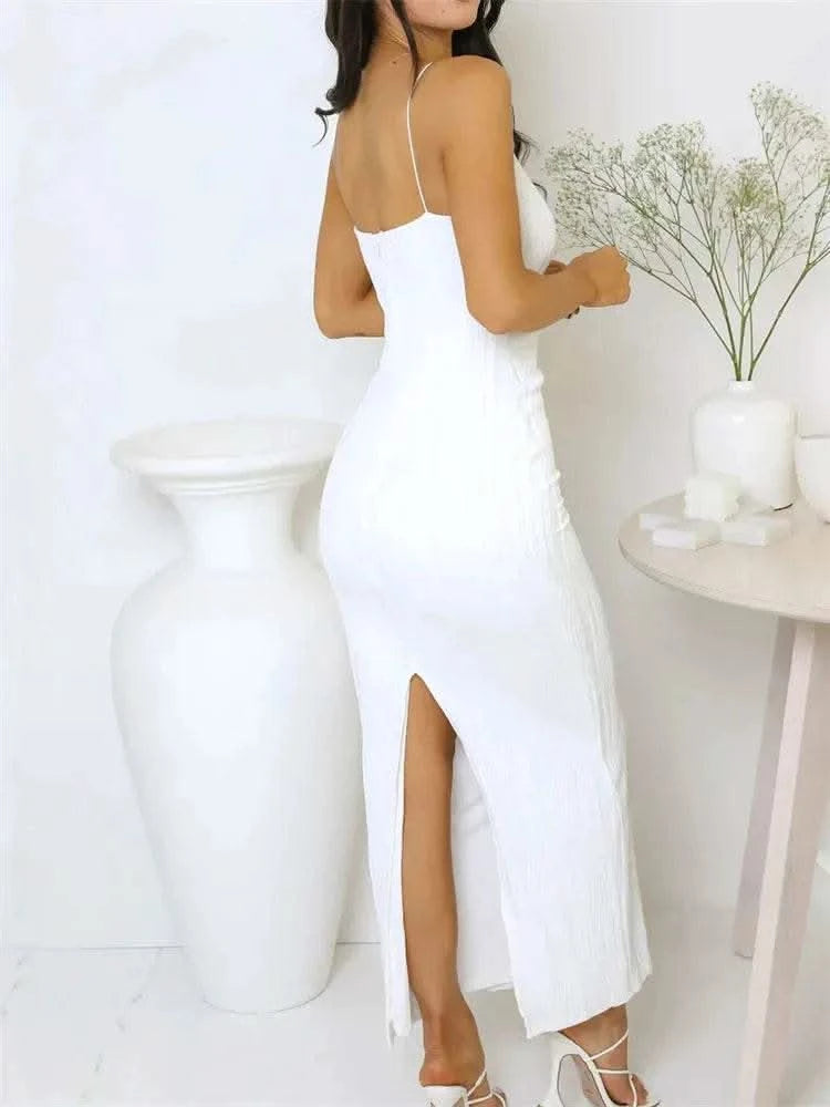 2024 Sexy Women Long Dress Ruched Sleeveless Slim Solid Summer Party Back Split Dress Clubwear Female Vestido Outfits - M & M Global
