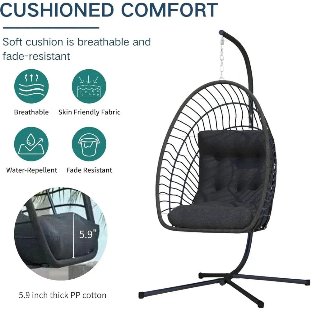 Hanging Egg Chair with Stand Indoor Outdoor, Foldable Rattan Wicker Hammock Egg Swing Chair for Bedroom Porch Patio Garden