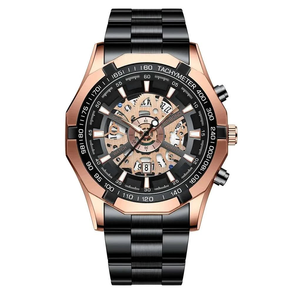 BINBOND Mens Quartz Watches Top Brand Luxury Stainless Steel Waterproof Hollow Out Blue Big Male Wristwatches Relogio Masculino - M & M Global