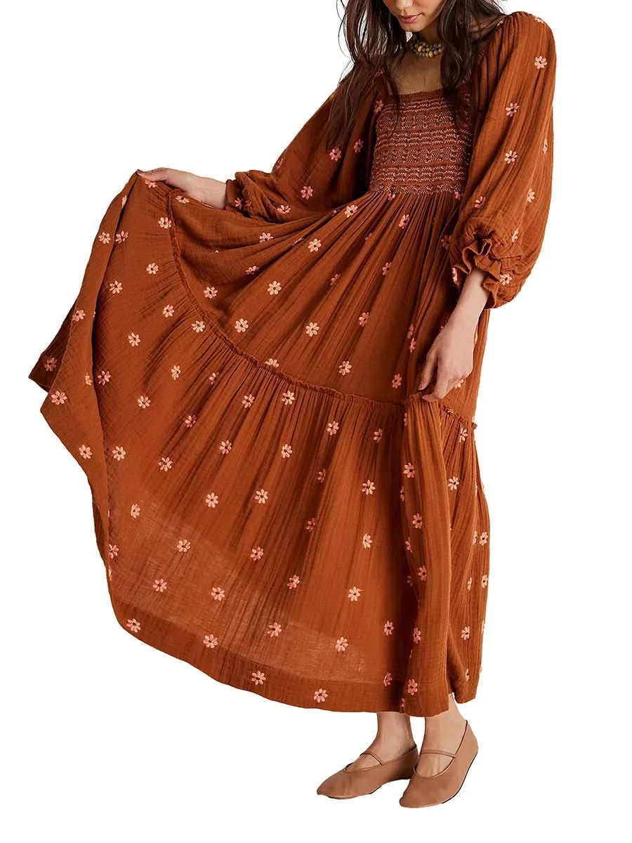 Women's Flower Embroidered Long Dress Bodycon Lantern Sleeve Square Neck Tiered Flowy Dress Bohemian Summer Beachwear Dresses - M & M Global