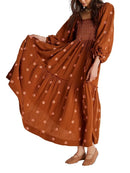 Women's Flower Embroidered Long Dress Bodycon Lantern Sleeve Square Neck Tiered Flowy Dress Bohemian Summer Beachwear Dresses - M & M Global