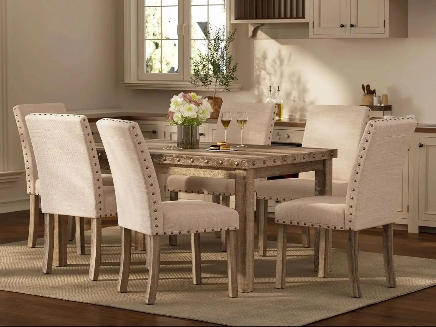Rustic Dining Table, Farmhouse Kitchen Dining Chairs , Charming 60" Rectangular Wooden Table& Upholstered