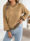 Autumn Winter Causal Round Neck Striped Sweaters Woman 2025 Lantern Long Sleeve Knitted Pullover White Red Khaki Women Clothes