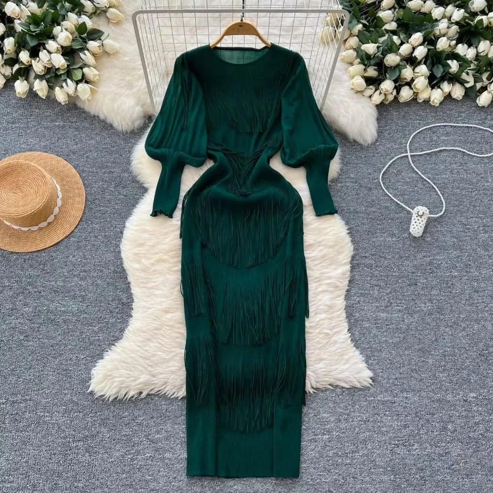 Vintage O-Neck Elegant Long Lantern Sleeve Chic Tassel Slim Long Dress French Fashion Evening High Street Autumn Winter Clothing - M & M Global