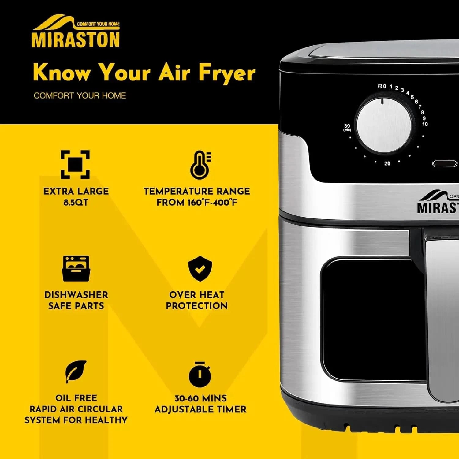 8.5QT Air Fryer, Upgraded Family Size Capacity, Visual Window, Square Basket Dials Stainless Steel Air Fryers, Reheat Leftovers, - M & M Global