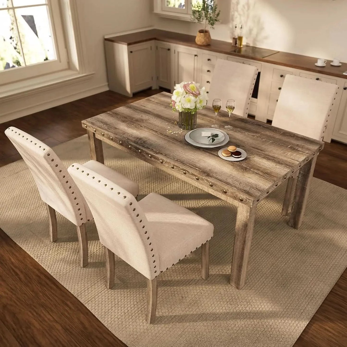 Rustic Dining Table, Farmhouse Kitchen Dining Chairs , Charming 60" Rectangular Wooden Table& Upholstered
