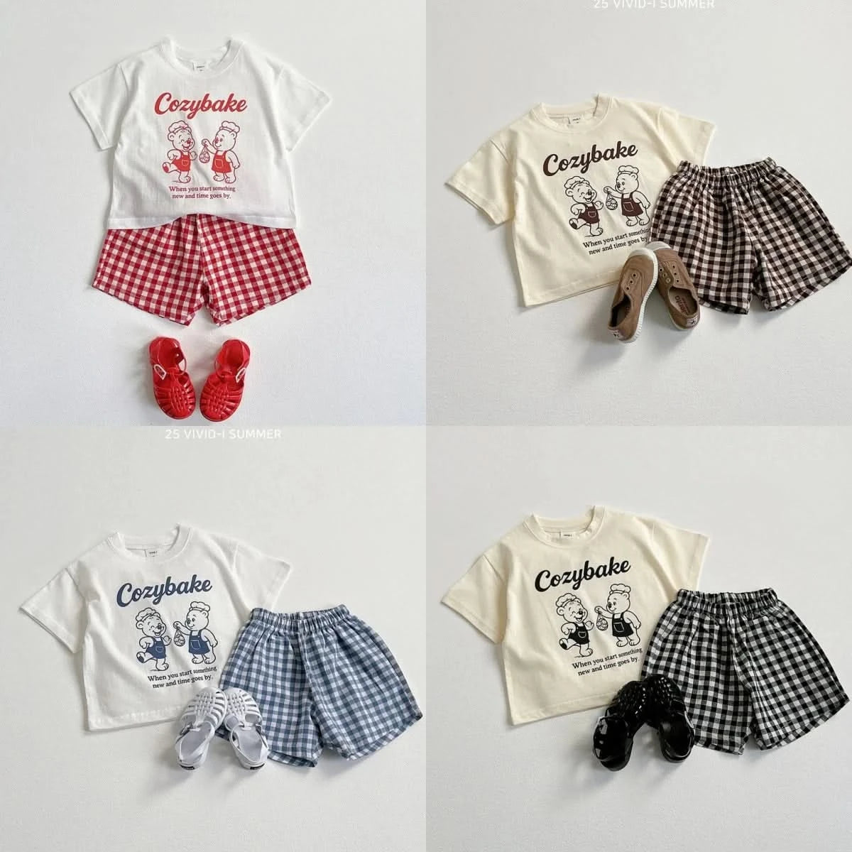 Print Tshirt Plaid Shorts 2Piece Set Summer Costume Boys Girls Baby Loose White Tees All-match Shorts New Child Trendy Outfits - M & M Global