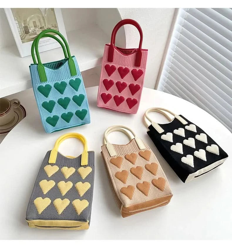 Korean Fashion Heart Knitted Mini Square Handbag for Women Small Mobile Phone Shoulder Bags Girls Cute Outdoor Crossbody Bags - M & M Global