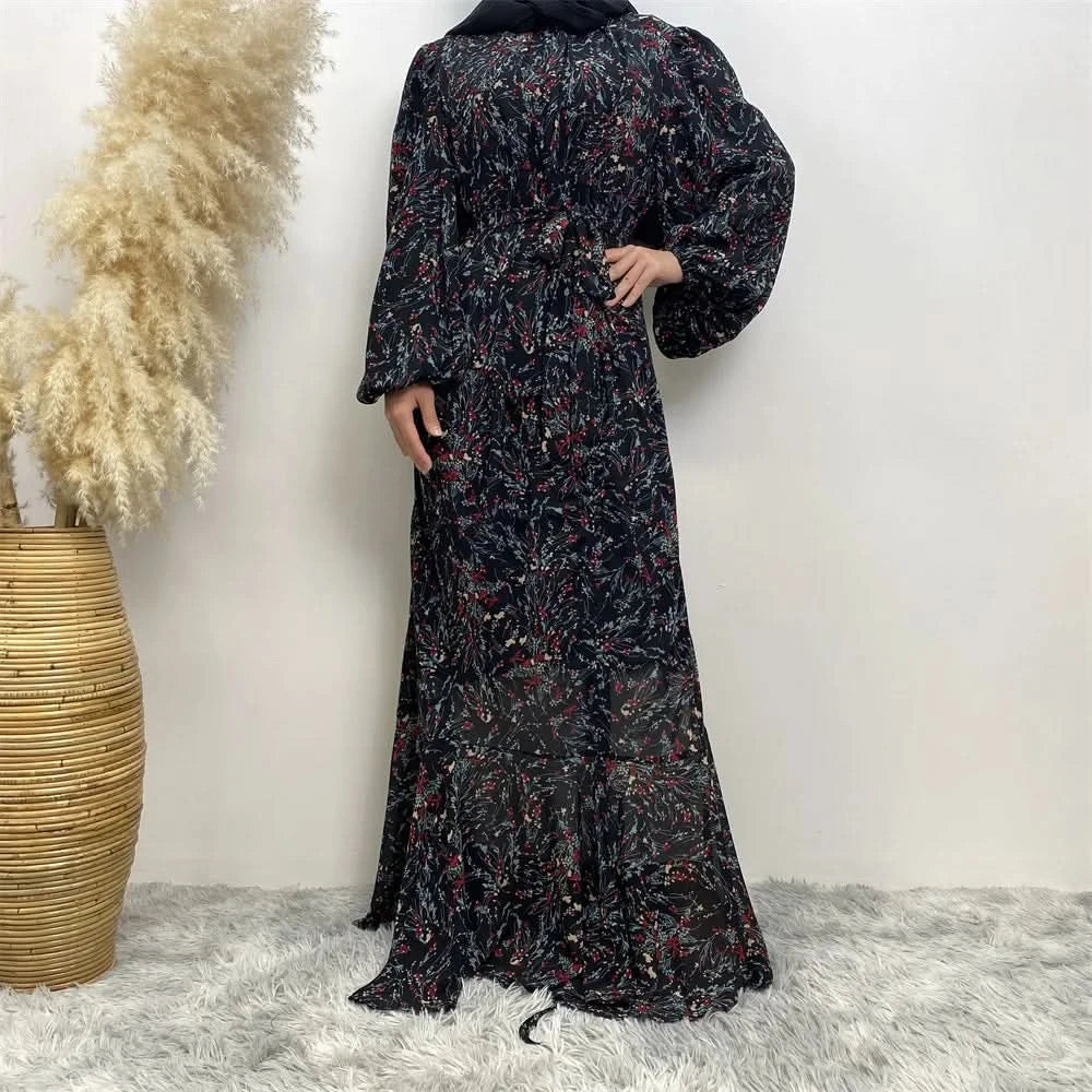 Muslim Women's dress Casual print bark crepe long dress Zipper collar long sleeves loose Muslim maxi dress - M & M Global